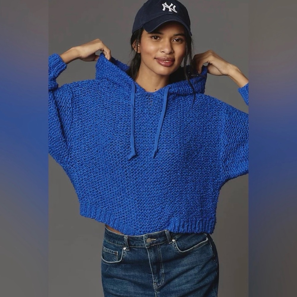 Pilcro Sailcloth Hooded Open Knit Sweater | Blue | XS - Oversized Fit